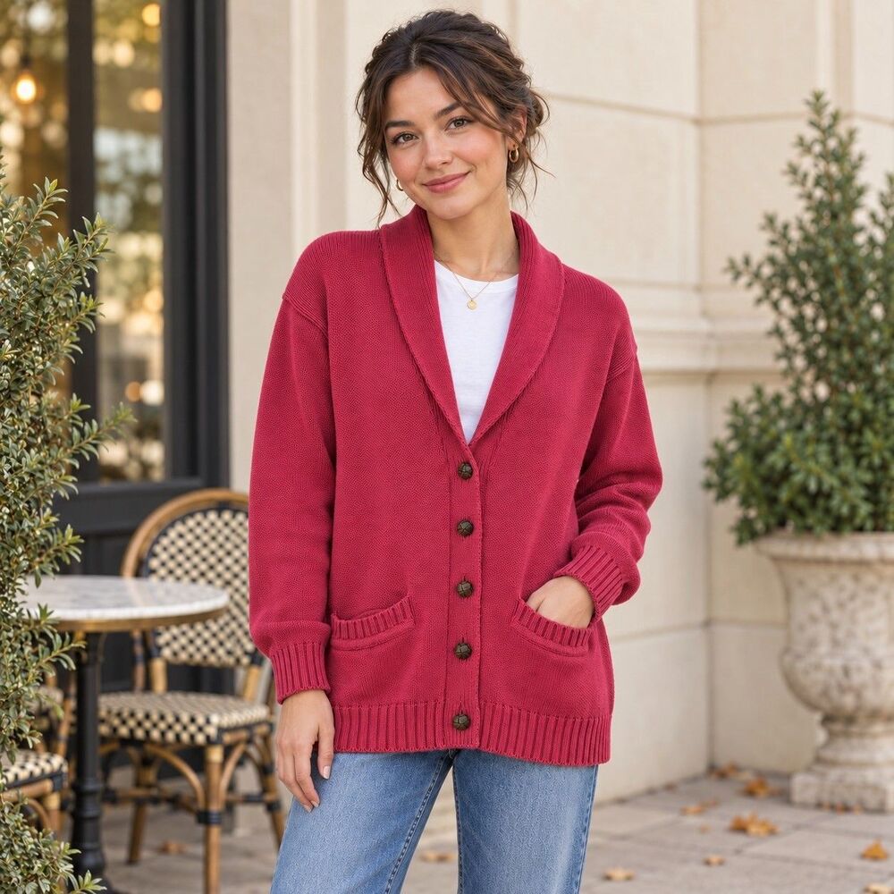 Vintage 90s Liz Claiborne Red Cotton Cardigan Shawl Collar Petite S Made In USA